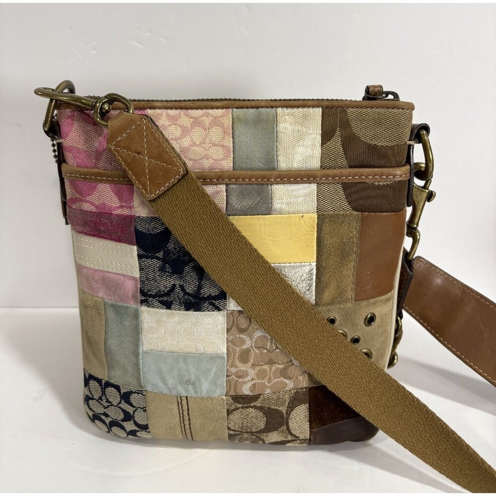 Vtg Coach Signature Patchwork Crossbody Bag Mix Canvas Suede Leather Multicolor